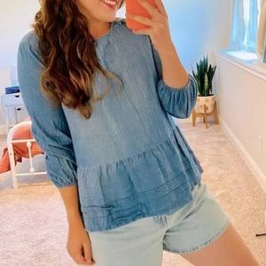 TEA N ROSE boutique blue denim chambray Tencel 3/4 Sleeve Top Size M